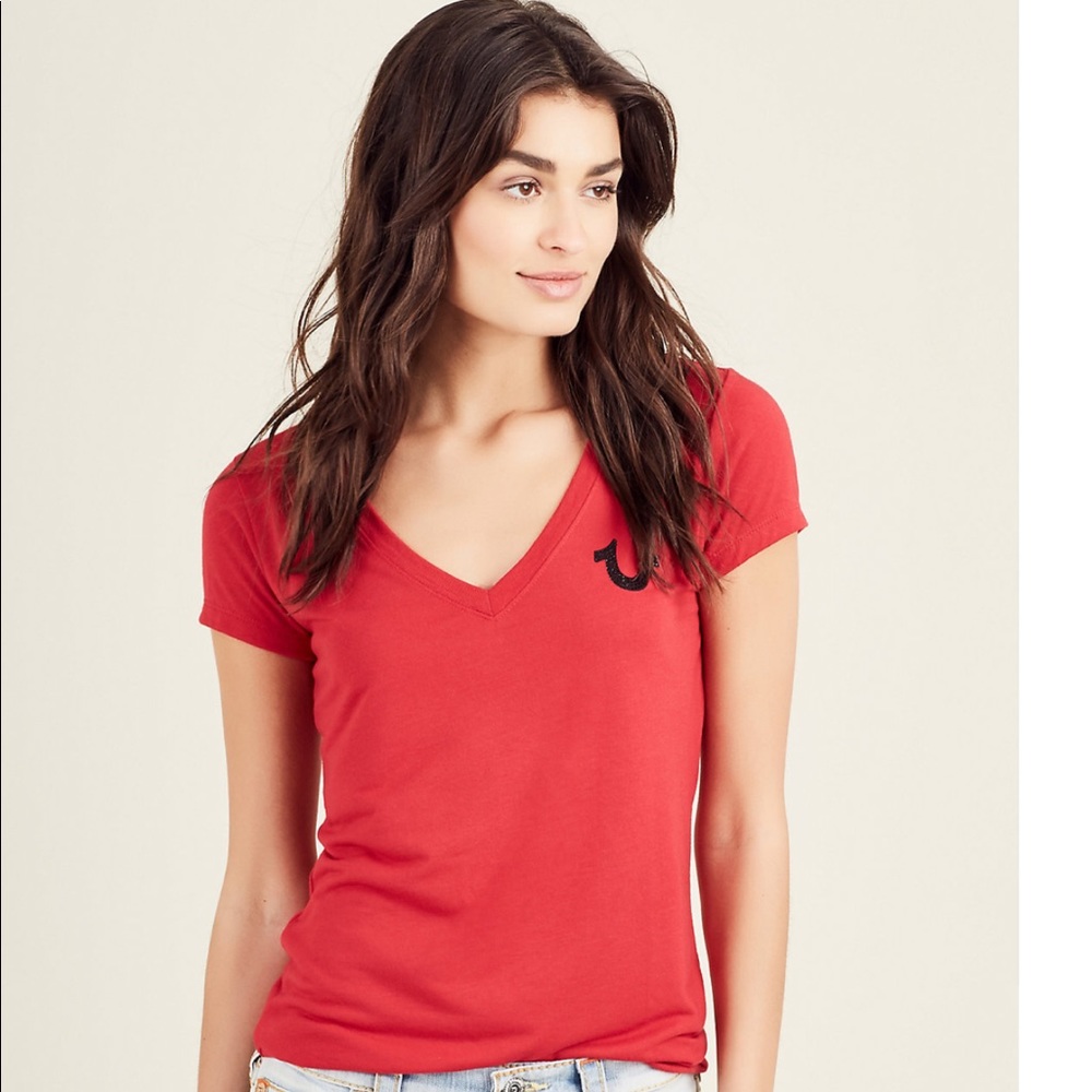 Ruby Red Classic Logo Deep V Neck Tee